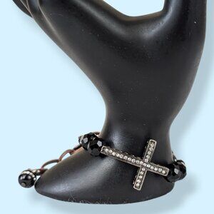 Black Glass & Rhinestone Cross Bracelet
